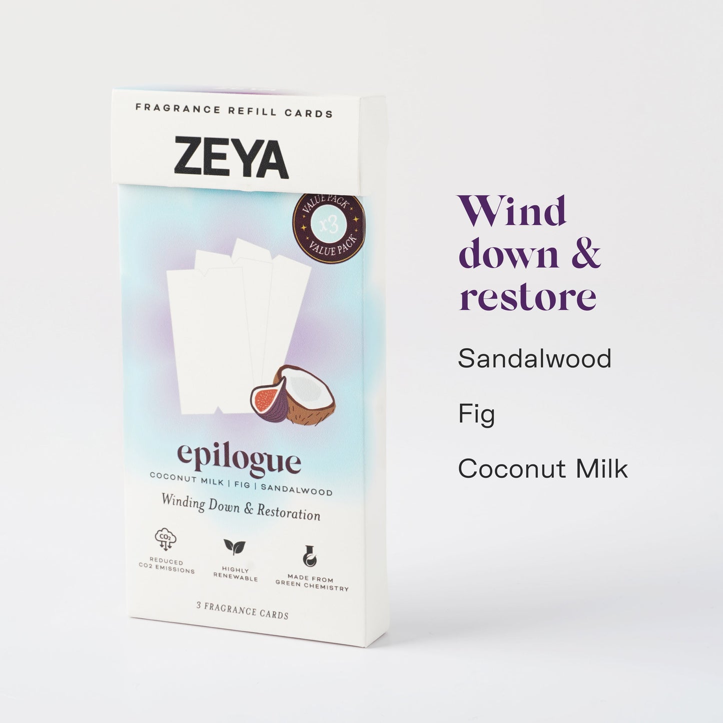 A ZEYA fragrance card pack with the text 'Stimulate conversation and creativity' on the front. The card holder is yellow, and the packaging has a blue and green design with the ZEYA brand logo and the words 'Mint | Bergamot | Amber | Suede' indicating the scents.