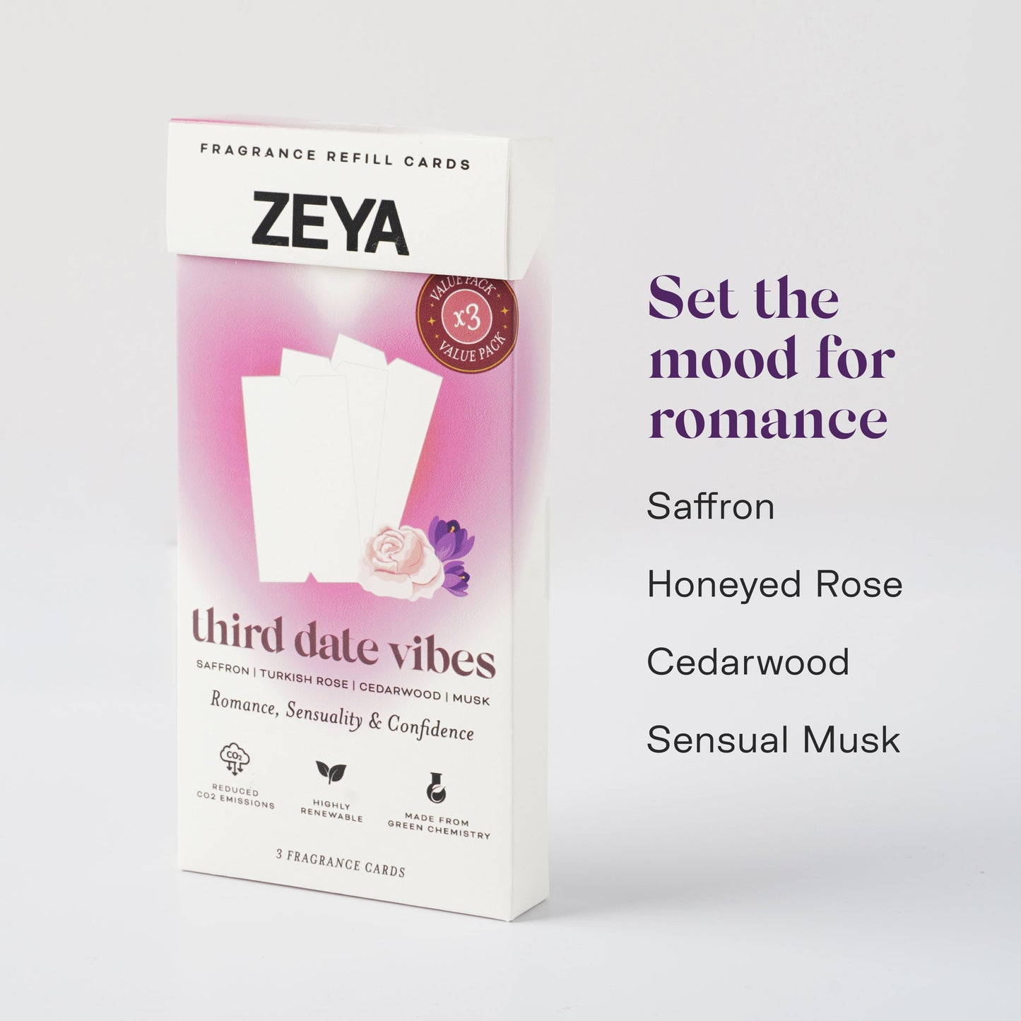 A ZEYA fragrance card pack with the text 'Stimulate conversation and creativity' on the front. The card holder is yellow, and the packaging has a blue and green design with the ZEYA brand logo and the words 'Mint | Bergamot | Amber | Suede' indicating the scents.