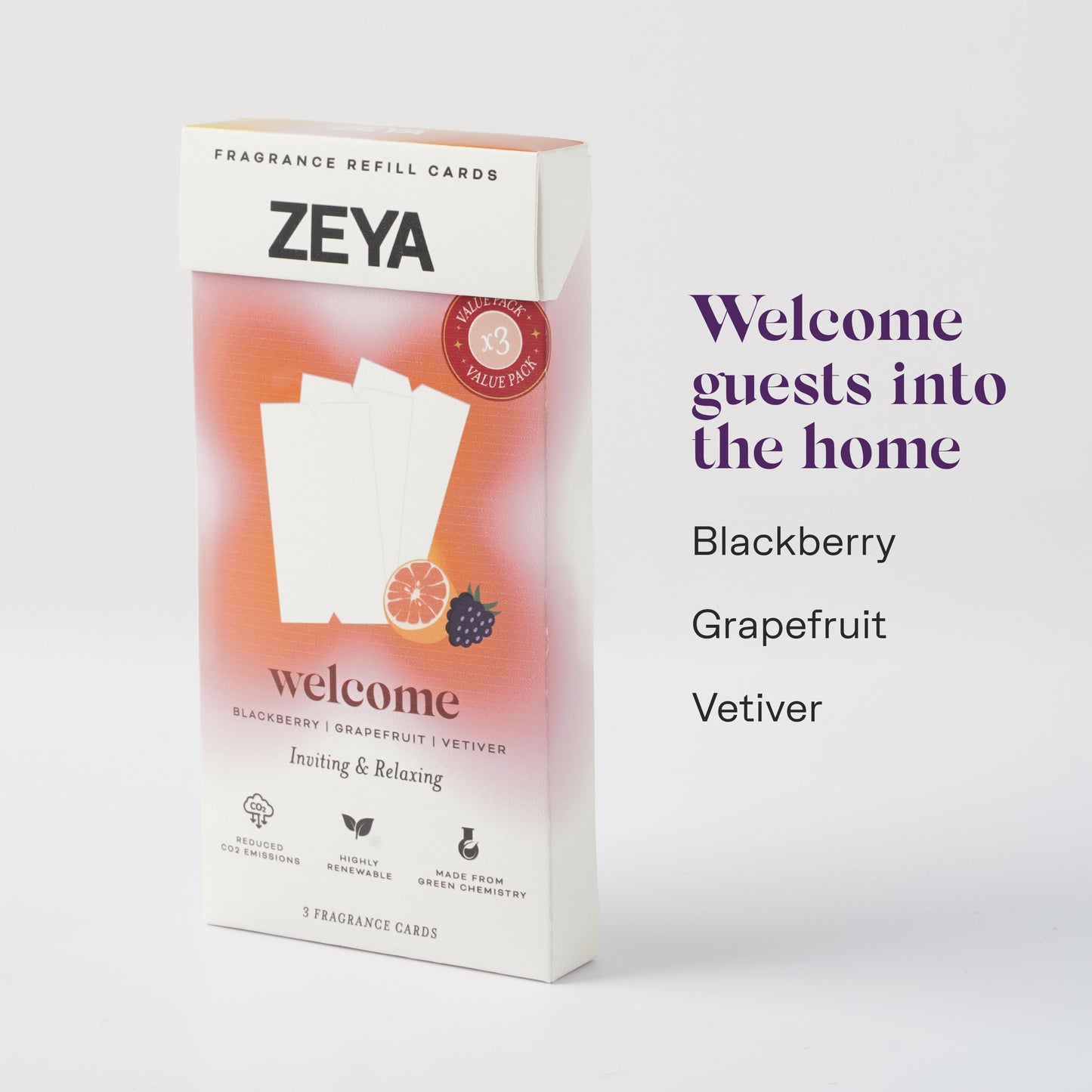 A ZEYA fragrance card pack with the text 'Stimulate conversation and creativity' on the front. The card holder is yellow, and the packaging has a blue and green design with the ZEYA brand logo and the words 'Mint | Bergamot | Amber | Suede' indicating the scents.