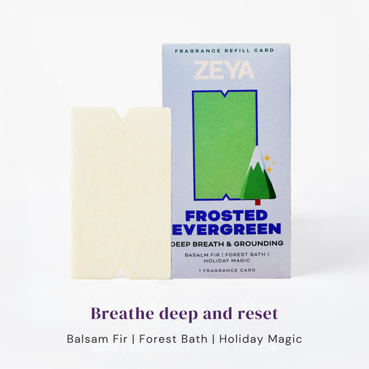 Zeya Frosted Evergreen fragrance refill card on a white background