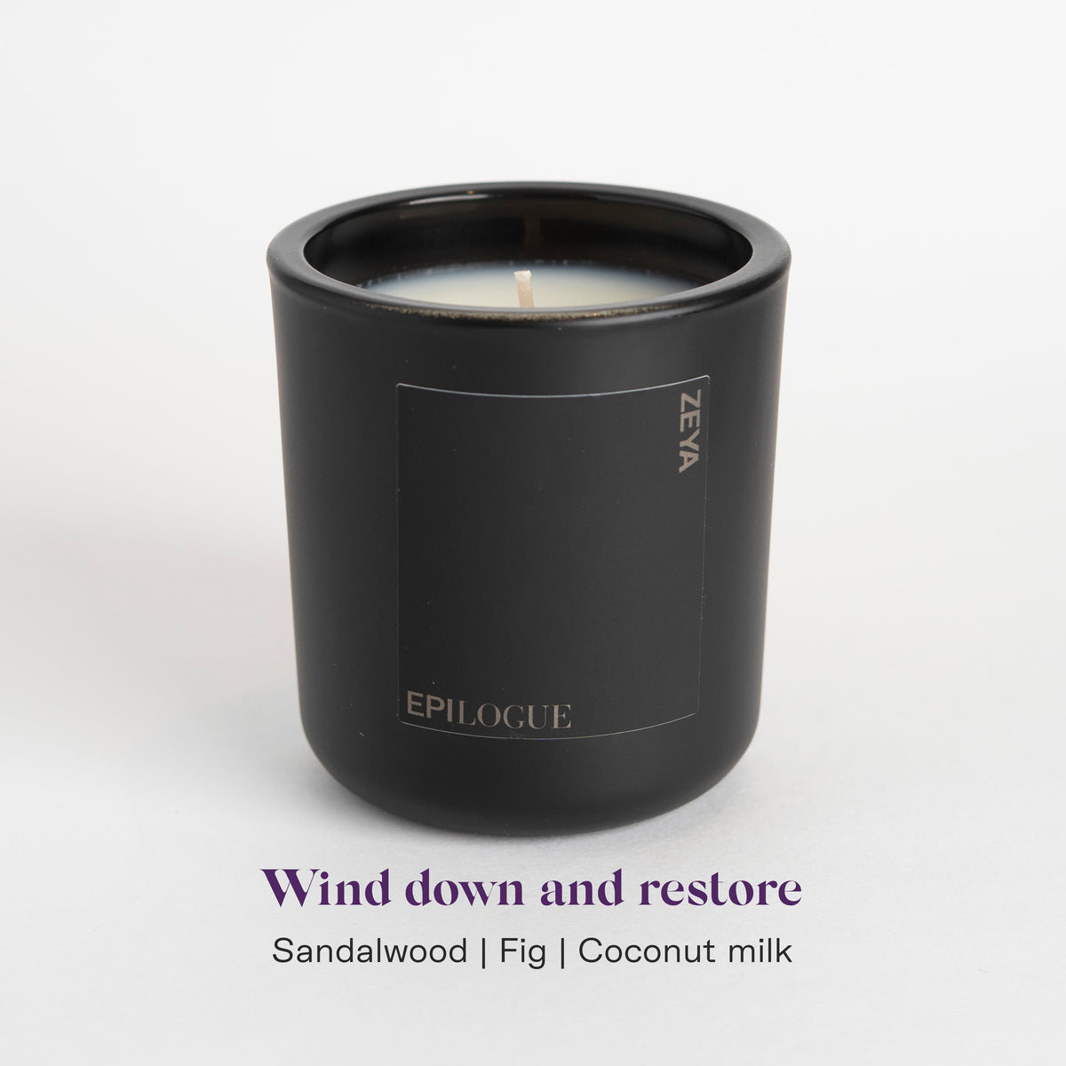 ZEYA Epilogue candle, a hand poured coconut soy candle with sandalwood, fig, coconut milk notes