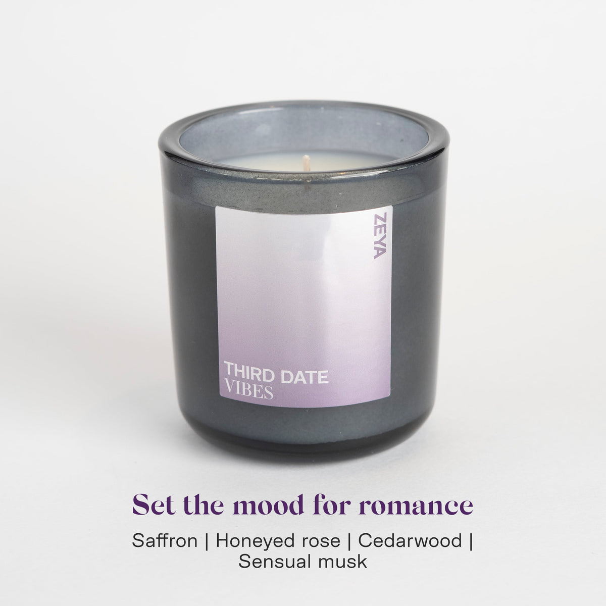 ZEYA Third Date Vibes candle, a hand poured coconut soy candle with saffron, turkish rose, cedarwood, sensual musk notes