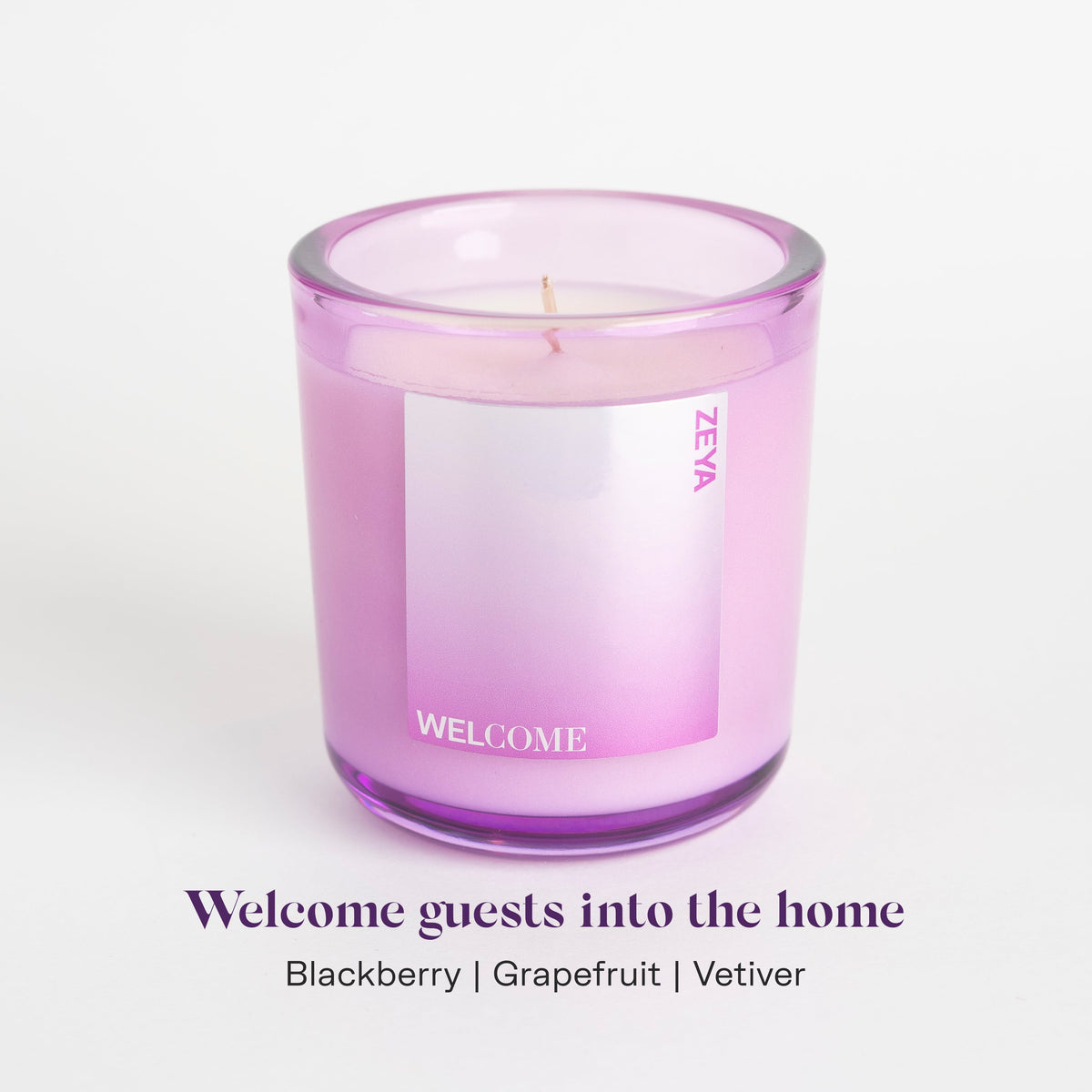 ZEYA Welcome candle, a hand poured coconut soy candle with blackberry, grapefruit, vetiver notes