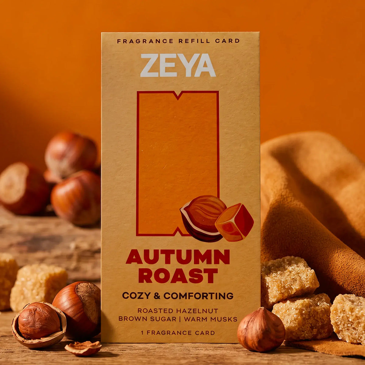 ZEYA Autumn Roast fragrance card refill with brown sugar, amber, vanilla notes