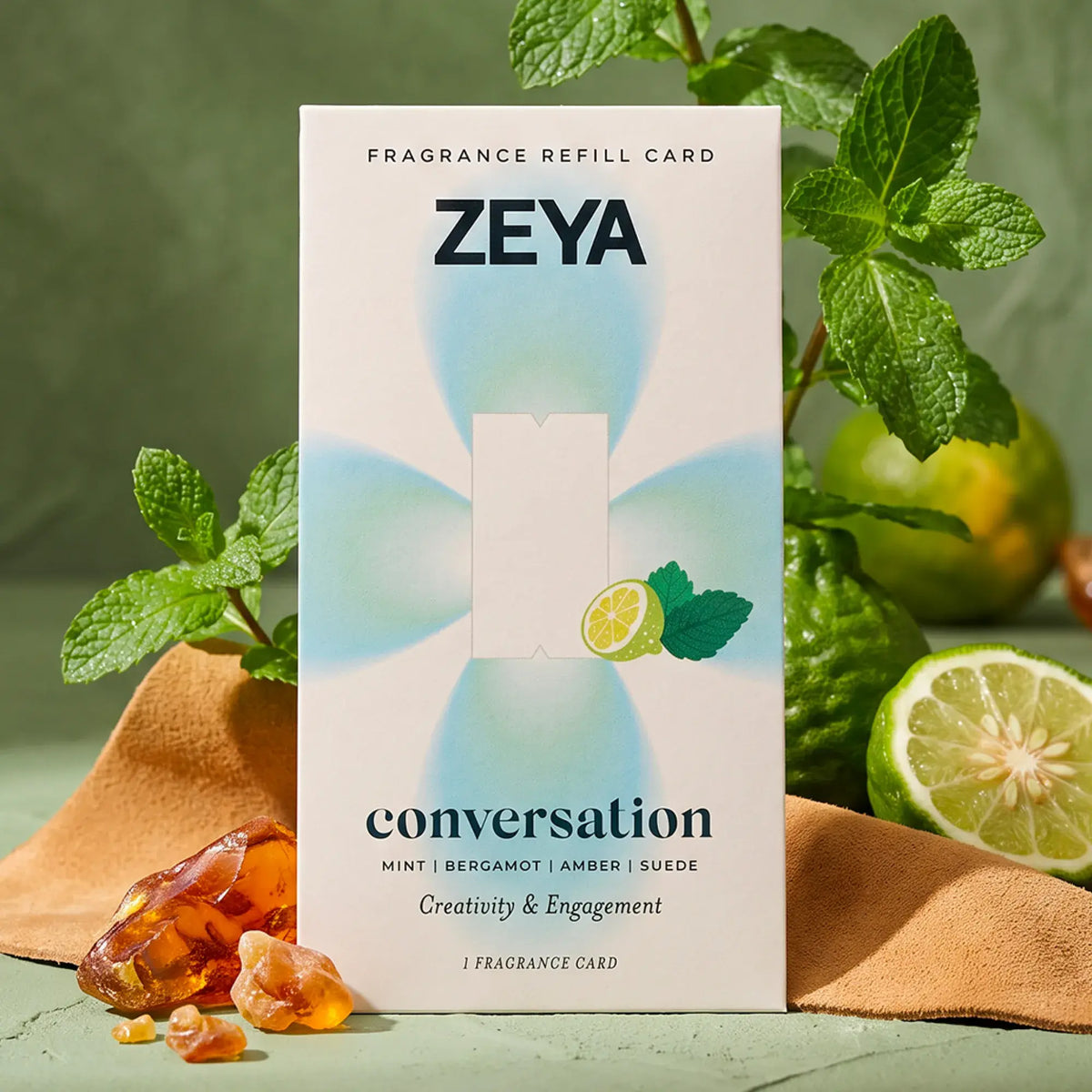 ZEYA Conversation fragrance card refill with lifting mint, charred bergamot, warm amber, soft suede notes