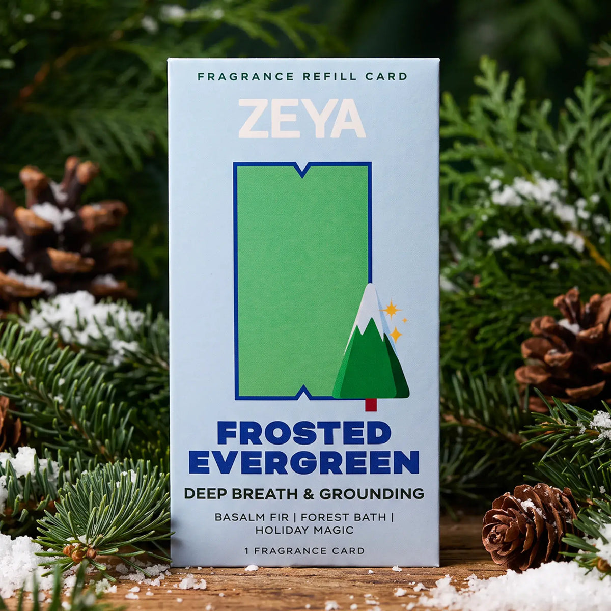 ZEYA Frosted Evergreen fragrance card refill with balsam pine notes