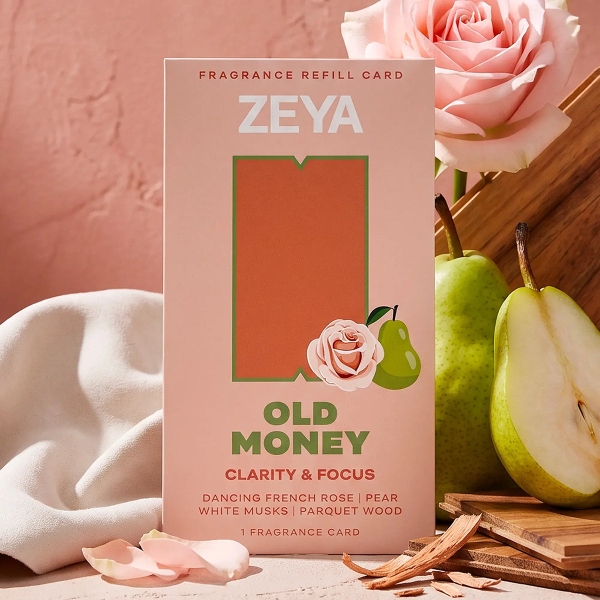 ZEYA Old Money fragrance card refill with juicy pear, mahogany, pink roses notes