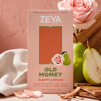 ZEYA Old Money fragrance card refill with juicy pear, mahogany, pink roses notes