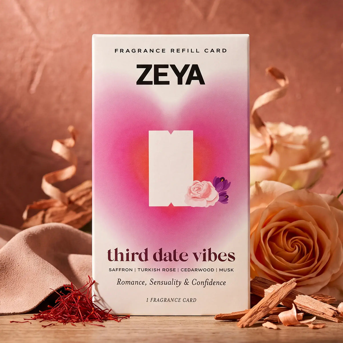 ZEYA Third Date Vibes fragrance card refill with saffron, honeyed rose, cedarwood, sensual musk notes