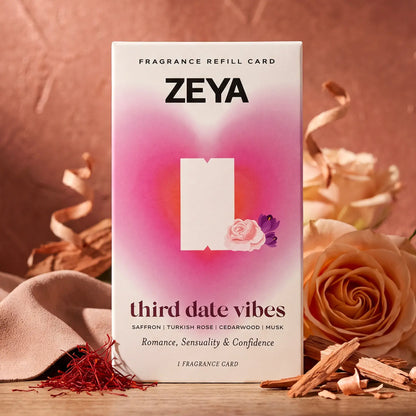 ZEYA Third Date Vibes fragrance card refill with saffron, honeyed rose, cedarwood, sensual musk notes